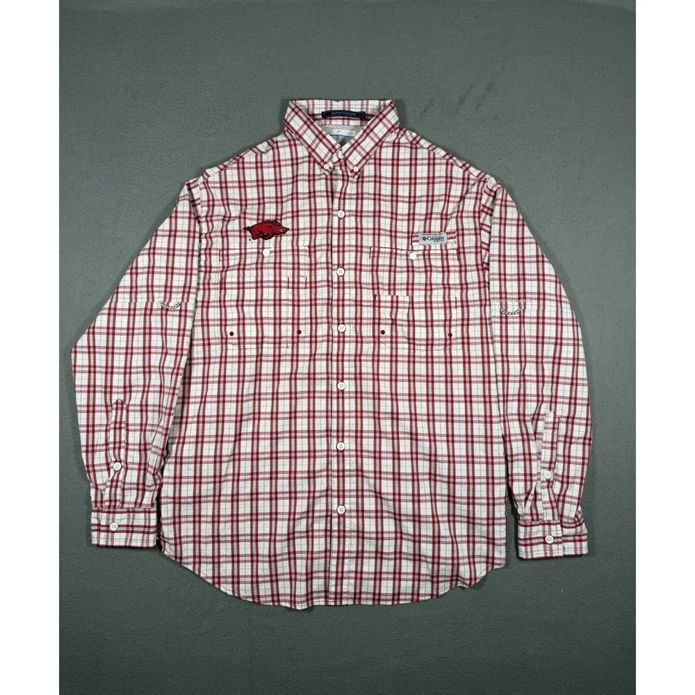 Columbia PFG Super Tamiami Arkansas Razorbacks Shirt Men L Plaid L/S Vented
